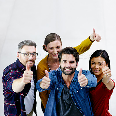 Buy stock photo Portrait, happy team and thumbs up with achievement for success, celebrate goals and agreement for mockup. Employee group, winner and yes emoji for good job, thank you and creative career with space