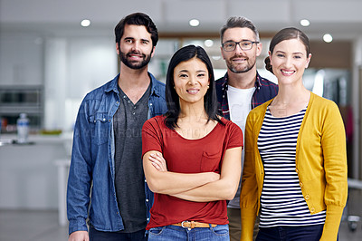 Buy stock photo Portrait of a group of creatives standing together in an office
