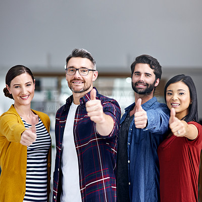 Buy stock photo Portrait, happy team and thumbs up with achievement in office for teamwork, celebrate goals and creative career. Employee group, winner and yes emoji in workplace for agreement, support and thank you