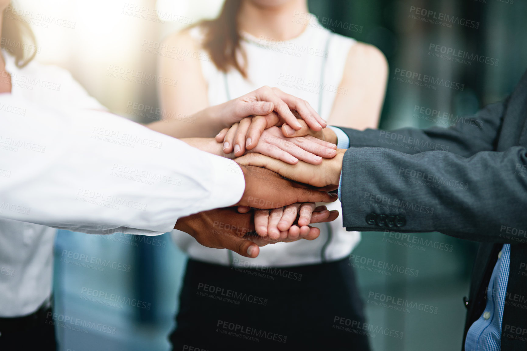 Buy stock photo Businesspeople, group and office for hands, huddle and support for contract or project. Lawyer, partnership and collaboration for corporate law firm, professional attorney or legal consulting agency