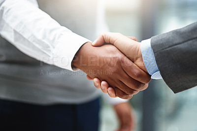 Buy stock photo Man, partner and handshake for agreement in office for success for promotion with collaboration by trust or unity. People, deal and greeting for welcome or introduction with care or support
