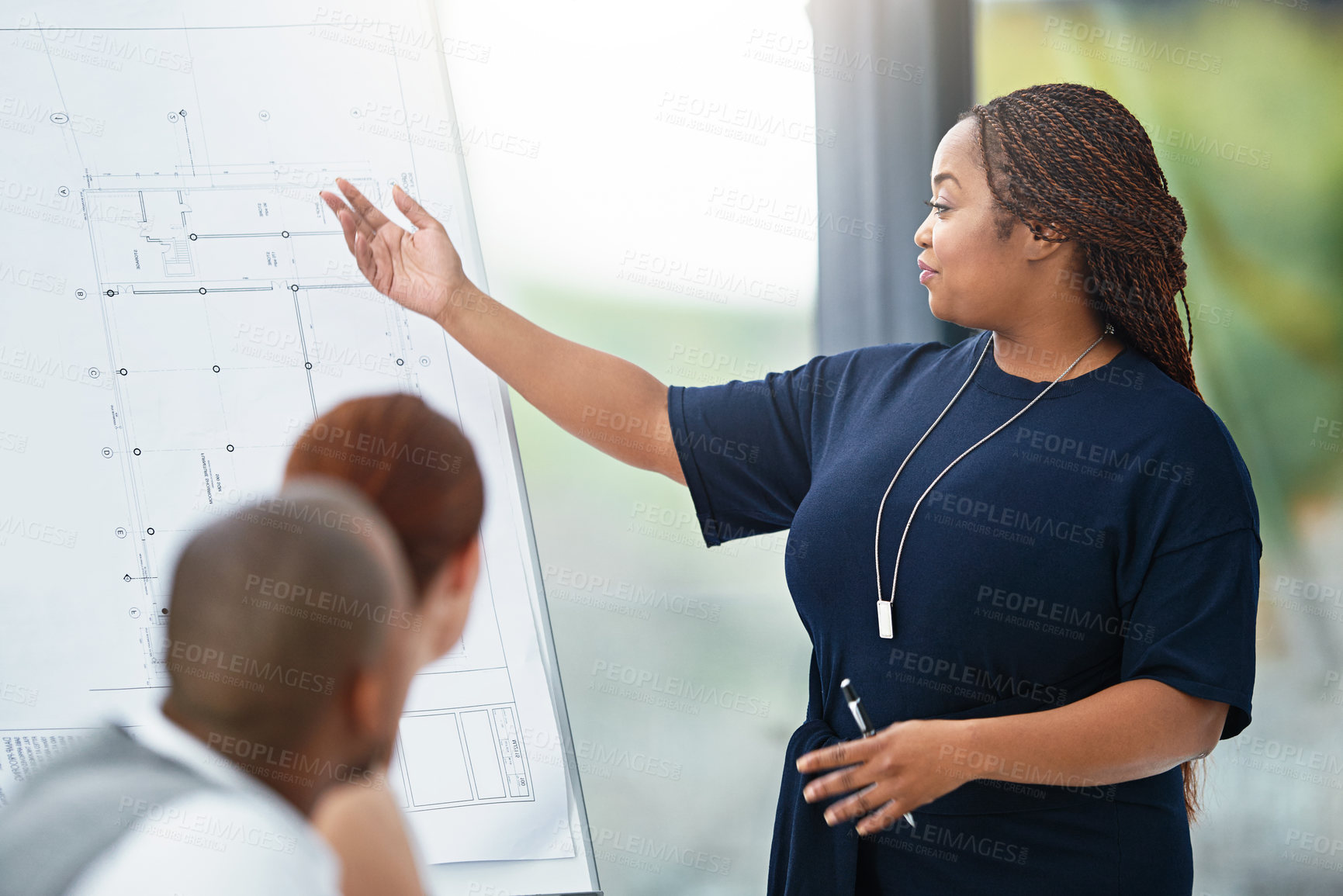 Buy stock photo Woman, presentation and architecture blueprints in meeting or remodel, proposal or brainstorming. Female person, clients and designer pitch for building development or floor plan, ideas or review