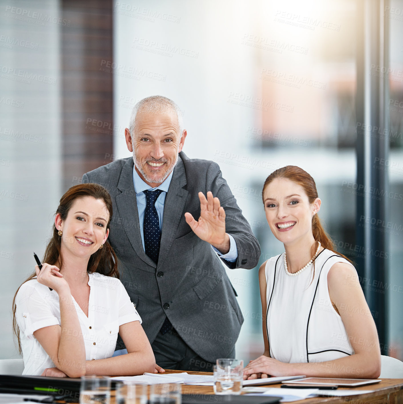 Buy stock photo Portrait, teamwork and portrait together in business or office, greeting or hand gesture for professional corporate career. Smile, happy group and collaboration for company, partnership for about us