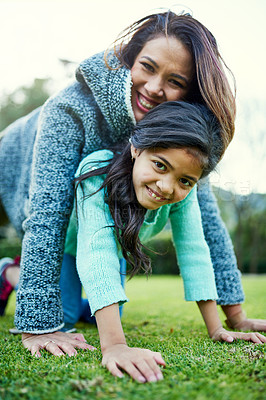 Buy stock photo Portrait, mother and girl happy on grass, bonding and love with affection with family playing in park or backyard. Mothers day, fun and relationship for childhood development, together and happy 
