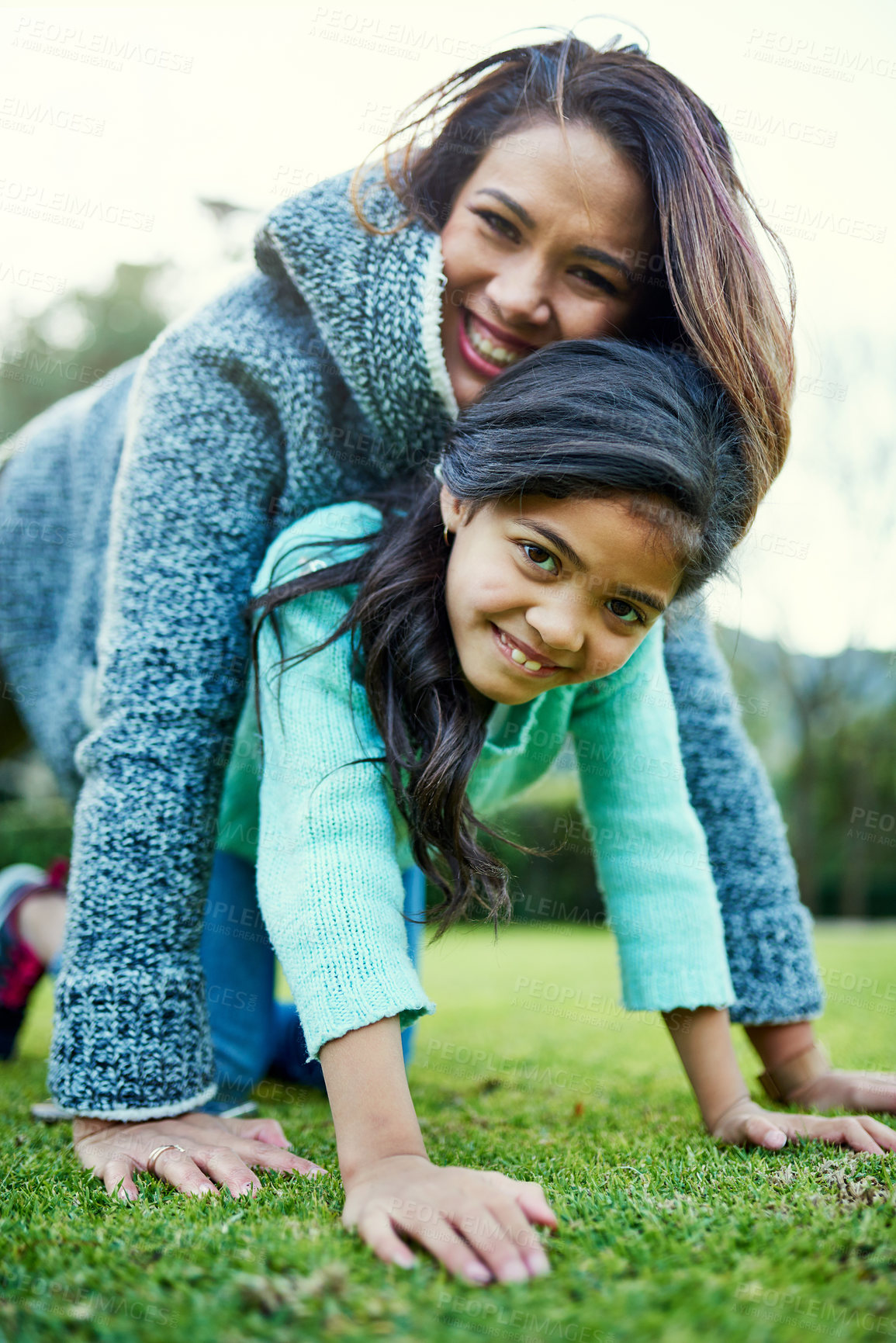 Buy stock photo Portrait, mother and girl happy on grass, bonding and love with affection with family playing in park or backyard. Mothers day, fun and relationship for childhood development, together and happy 