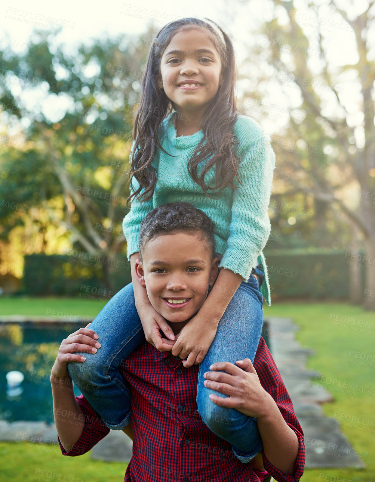 Buy stock photo Portrait, children and playing in backyard with girl on shoulders for fun, support and happiness in garden. Siblings, kids and happy outside for love, growth and together at home while bonding