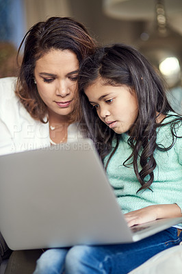 Buy stock photo Mother, laptop and child on sofa discussion for online tutorial, bonding and learning. Mom, kid and search for fun education on computer, browsing internet for streaming and family or subscription