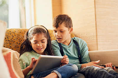 Buy stock photo Happy, kids and smile with tablet for streaming entertainment, learning and child development at house. Excited, children and technology to study with elearning and home education from ebook