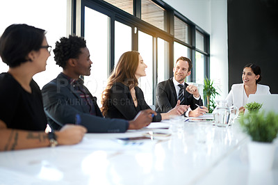 Buy stock photo Meeting, discussion and business people in conference room with ideas, proposal and corporate planning. Boardroom, men and women in conversation for review, report or b2b workshop at startup office