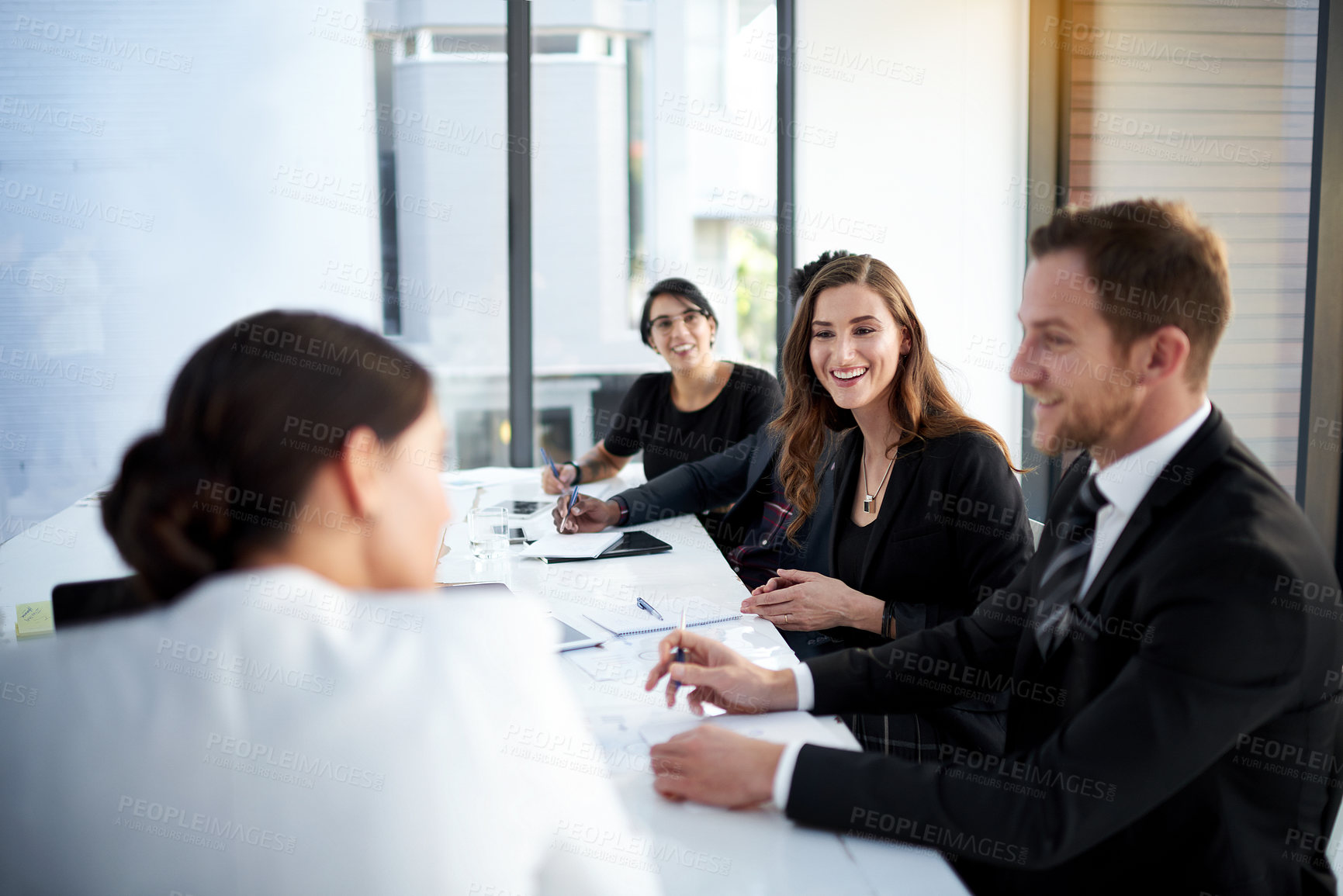 Buy stock photo Meeting, discussion and business people in boardroom with ideas, proposal and corporate planning. Conference room, men and women in conversation for review, report or b2b workshop at startup office