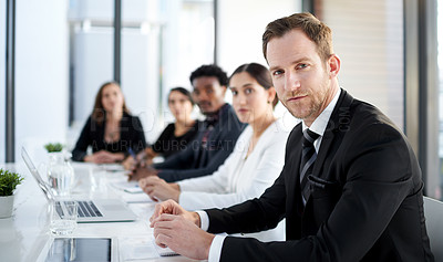 Buy stock photo Meeting, portrait and man with business people in conference room with confidence, tech or planning. Boardroom, men and women together in corporate workshop with laptop, b2b report or trust at office