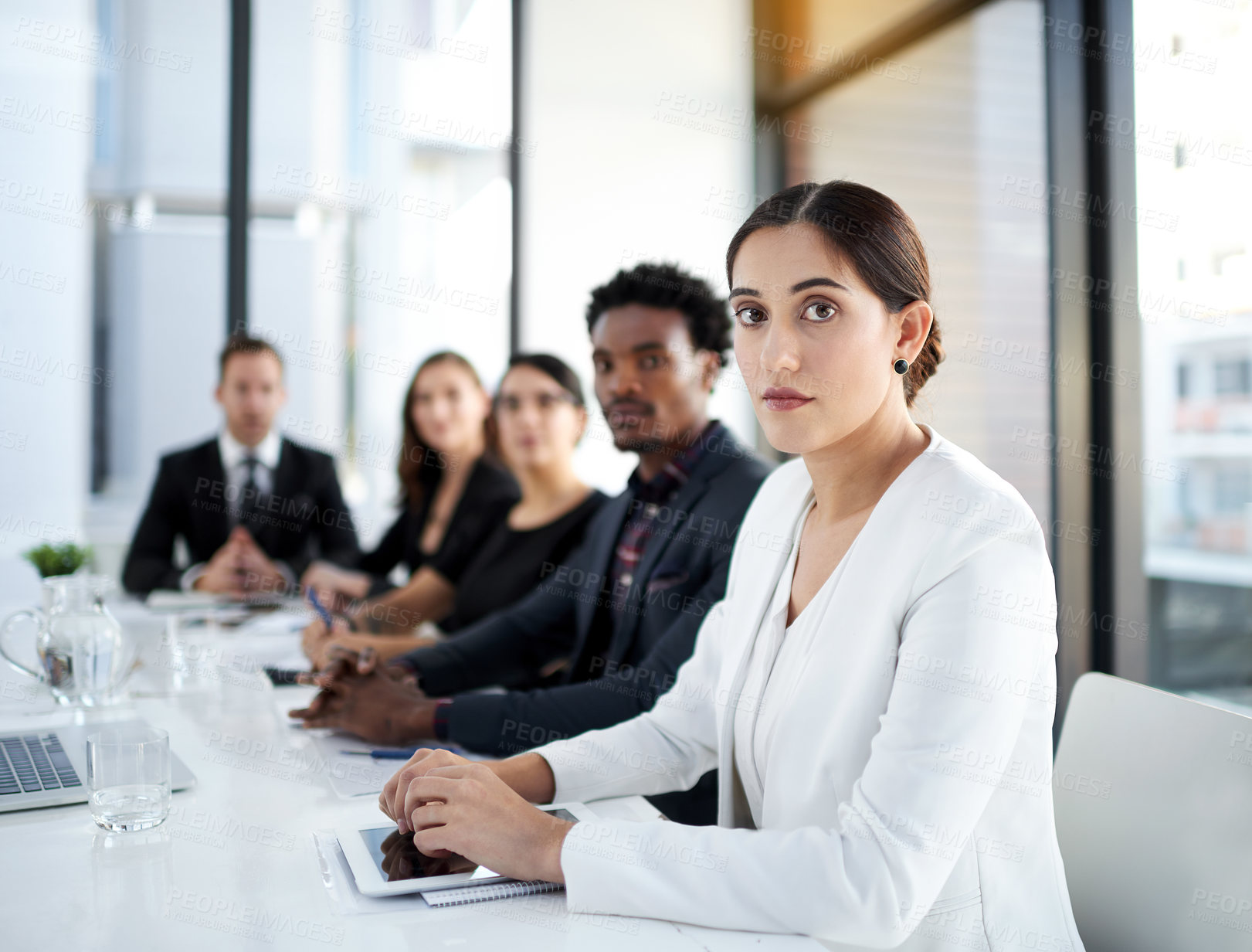 Buy stock photo Meeting, portrait and business people in conference room with confidence, tech and diversity. Boardroom, men and women in corporate workshop with laptop, tablet and b2b report at table in office.