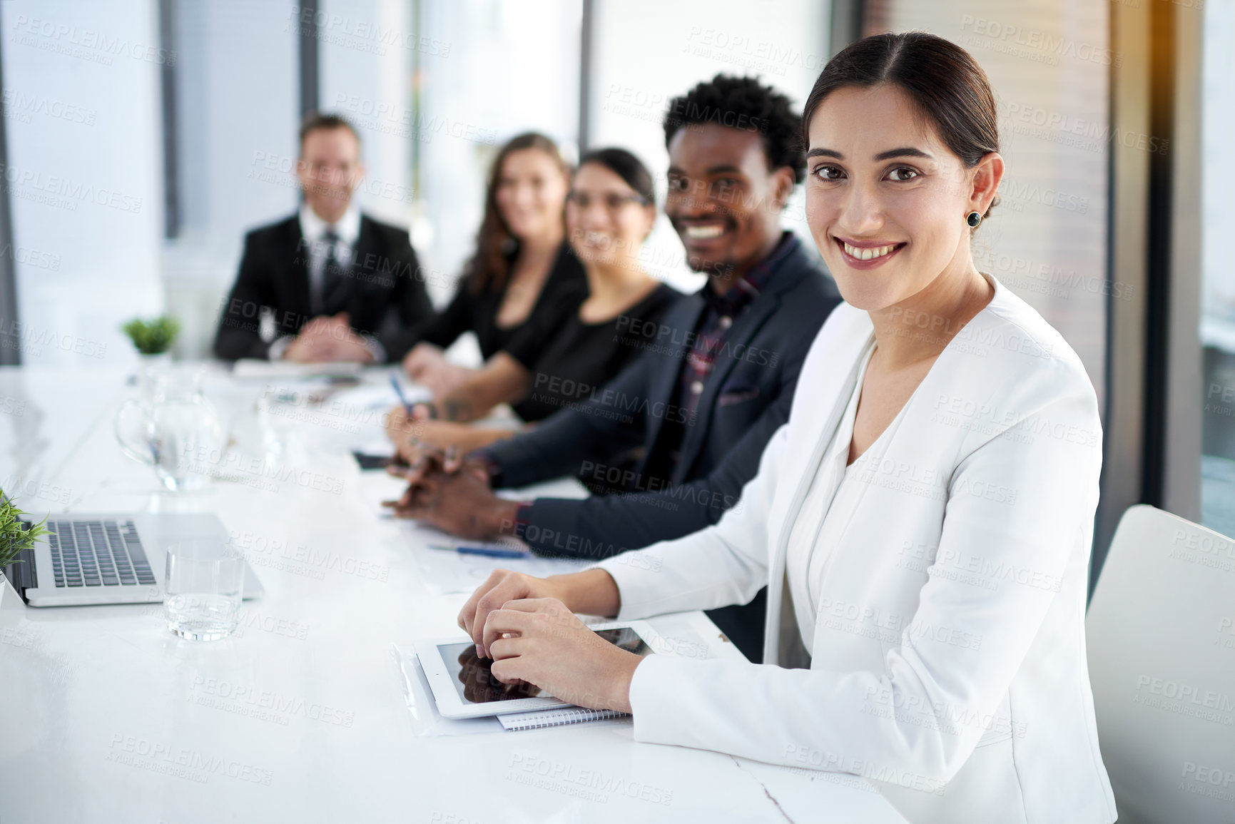 Buy stock photo Meeting, portrait and group of business people in conference room with smile, confidence and corporate office. Boardroom, men and women at table for collaboration, teamwork or b2b workshop at startup