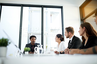 Buy stock photo Meeting, boss and business people in conference room with ideas, proposal or corporate planning. Boardroom, men and women together in conversation at strategy review, report or b2b workshop at office