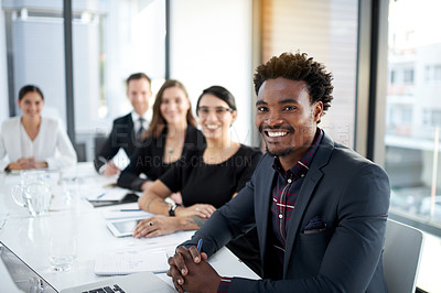 Buy stock photo Portrait of a group of business colleagues meeting in the boardroom