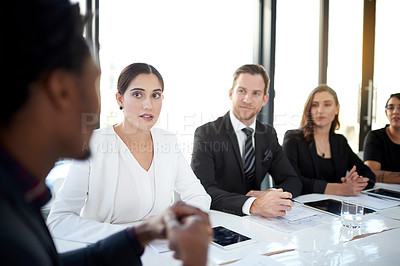 Buy stock photo Meeting, planning and business people in conference room with ideas, proposal and corporate discussion. Boardroom, men and women in conversation for review, report or b2b workshop at startup office