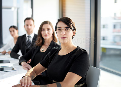 Buy stock photo Meeting, portrait and confident business people in conference room with teamwork, trust or corporate planning. Boardroom, men and women at table with pride,  support or opportunity at office together