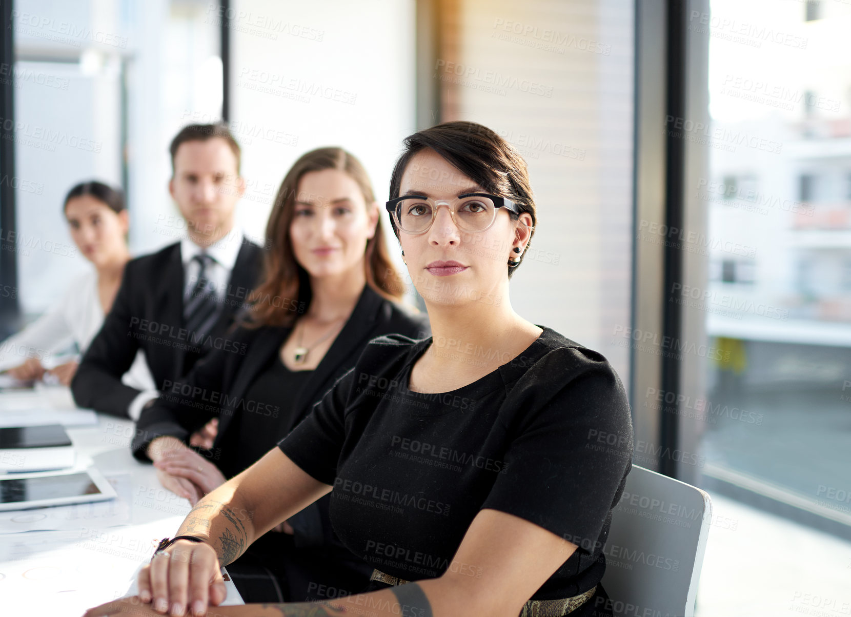 Buy stock photo Meeting, portrait and confident business people in conference room with teamwork, trust or corporate planning. Boardroom, men and women at table with pride,  support or opportunity at office together