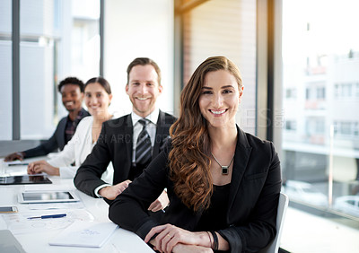 Buy stock photo Portrait of a group of business colleagues meeting in the boardroom