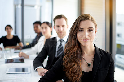 Buy stock photo Meeting, woman and portrait of business people in conference room with confidence, pride and teamwork. Boardroom, men and women at table for planning, corporate and b2b workshop at startup office