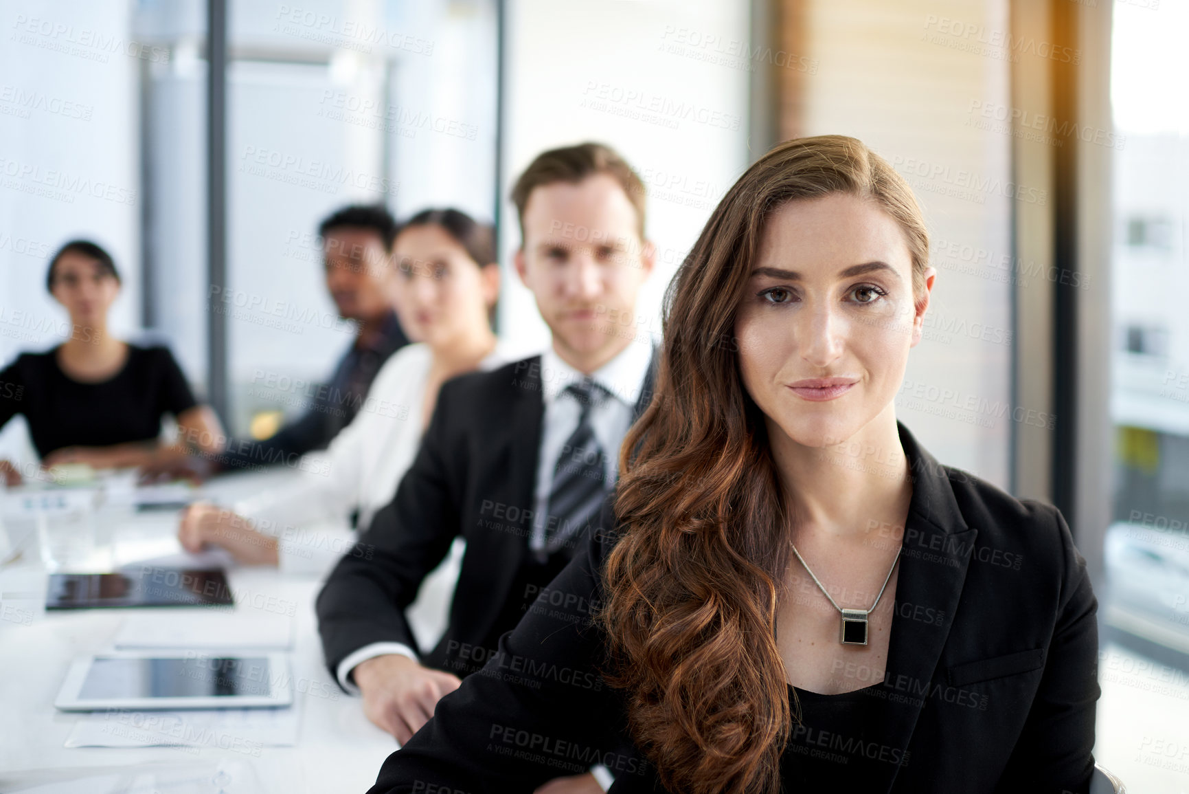 Buy stock photo Meeting, woman and portrait of business people in conference room with confidence, pride and teamwork. Boardroom, men and women at table for planning, corporate and b2b workshop at startup office