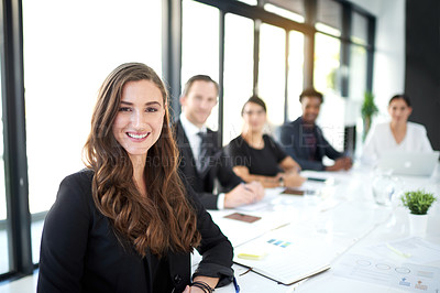 Buy stock photo Portrait of a group of business colleagues meeting in the boardroom