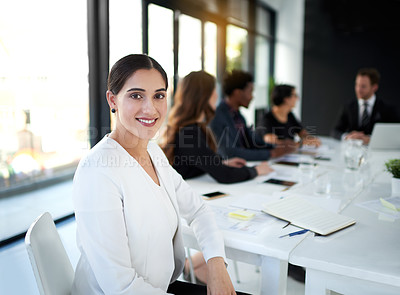 Buy stock photo Meeting, portrait and businesswoman in conference room with confidence, business people and leadership. Boardroom, men and women in conversation for planning, strategy or workshop at startup office