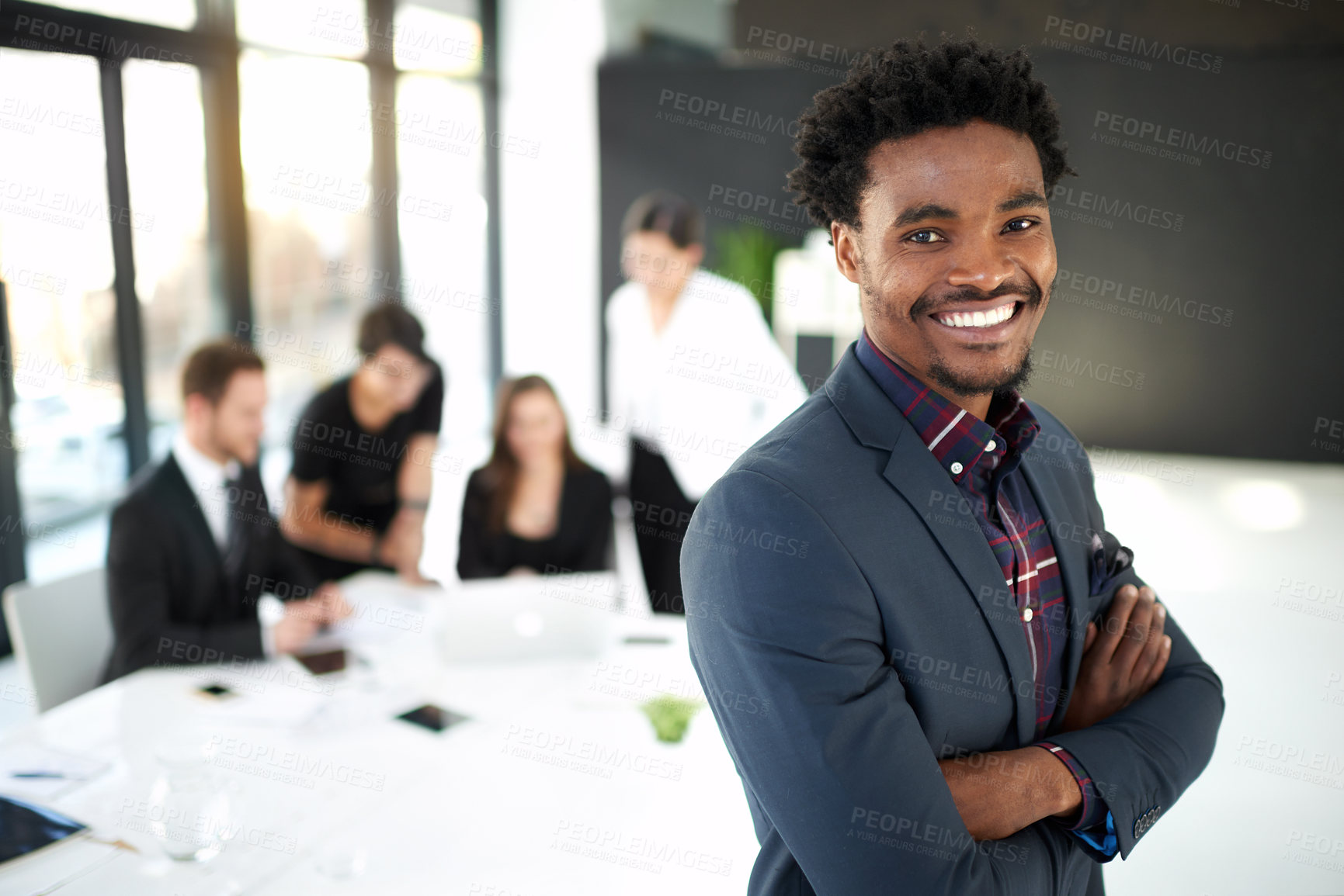 Buy stock photo Professional, portrait of man in office with pride for leader or manager and team in meeting. Confidence, smile and businessman with business people, collaboration and work on marketing strategy