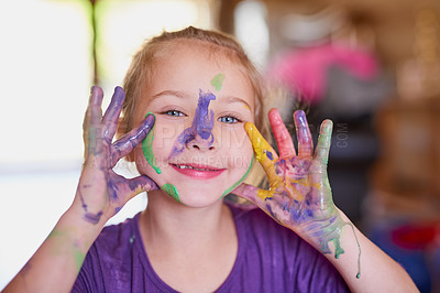 Buy stock photo Happy, girl and paint on hands in portrait with fun for creative learning, education and growth with messy art. Smile, child and fingers as painter for childhood, sensory and fine motor skills