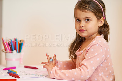 Buy stock photo Portrait, girl and colouring at home, desk and crayons for development, activity and art. Child, drawing and education for paper, book and preschooler with picture, creative homework and kindergarten