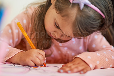 Buy stock photo Girl, book and art for development with notebook on table, relaxing and sketch for growth. Education, student and creative or learning on paper for project, school and pencil for homework in house 