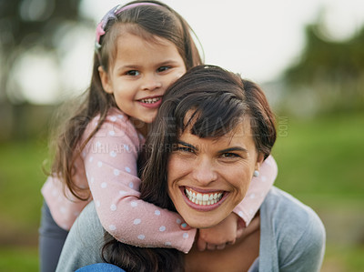 Buy stock photo Outdoor, portrait and mom piggyback girl in game on holiday, vacation or relax together in backyard. Happy, mother and child travel with support of family and playing with fun in playground or park