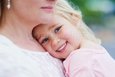 Buy stock photo Girl, mother and hug child in garden portrait on holiday, vacation or happy foster family in summer. Kid, smile and embrace mom in backyard with care, support and safety from adoption service