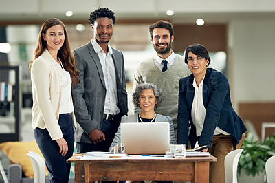 Buy stock photo Portrait, teamwork or happy business people in meeting for ideas, strategy or planning a startup company. CEO, laptop or employees smiling with leadership or group support for a vision in office
