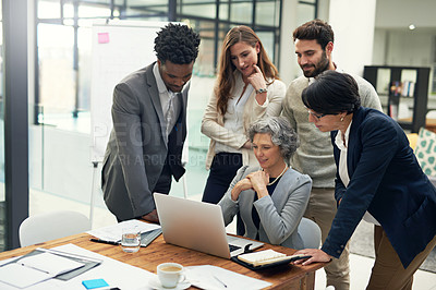 Buy stock photo Laptop, teamwork or business people thinking in meeting for ideas, strategy or planning a startup company. CEO woman, problem solving or employees in brainstorming for a solution or vision in office