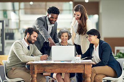 Buy stock photo Business people, laptop or black man in meeting discussion for ideas, strategy or planning a project. Digital, teamwork or group of employees pointing or speaking with leadership for growth in office