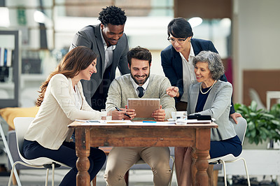 Buy stock photo Tablet, startup or business people planning in meeting for team strategy or working on project in company. Happy, digital news or employees smiling or talking in group discussion for growth in office