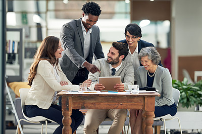 Buy stock photo Business people, tablet or black man talking in meeting for ideas, strategy or planning a startup company. Digital, teamwork or employees in group discussion or speaking for online growth in office 