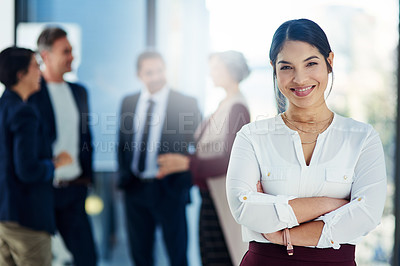 Buy stock photo Portrait, business and woman with arms crossed, professional and confidence with teamwork and group. Face, person or consultant with pride for startup and collaboration with corporate and cooperation