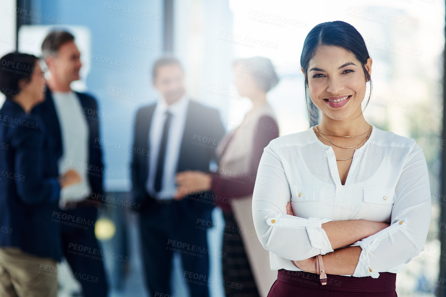 Buy stock photo Portrait, business and woman with arms crossed, professional and confidence with teamwork and group. Face, person or consultant with pride for startup and collaboration with corporate and cooperation