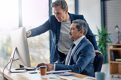 Buy stock photo Businessmen, office and computer with advice for teamwork with corporate for boss with coworking. Manager, mentor and internship with employee for collaboration with technology for law with helping