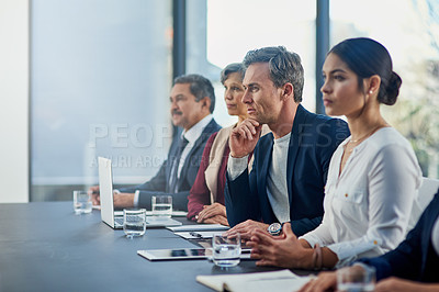 Buy stock photo Meeting, technology and business people in office for teamwork or collaboration on finance project. Discussion, diversity and group of financial advisors planning company budget in boardroom together