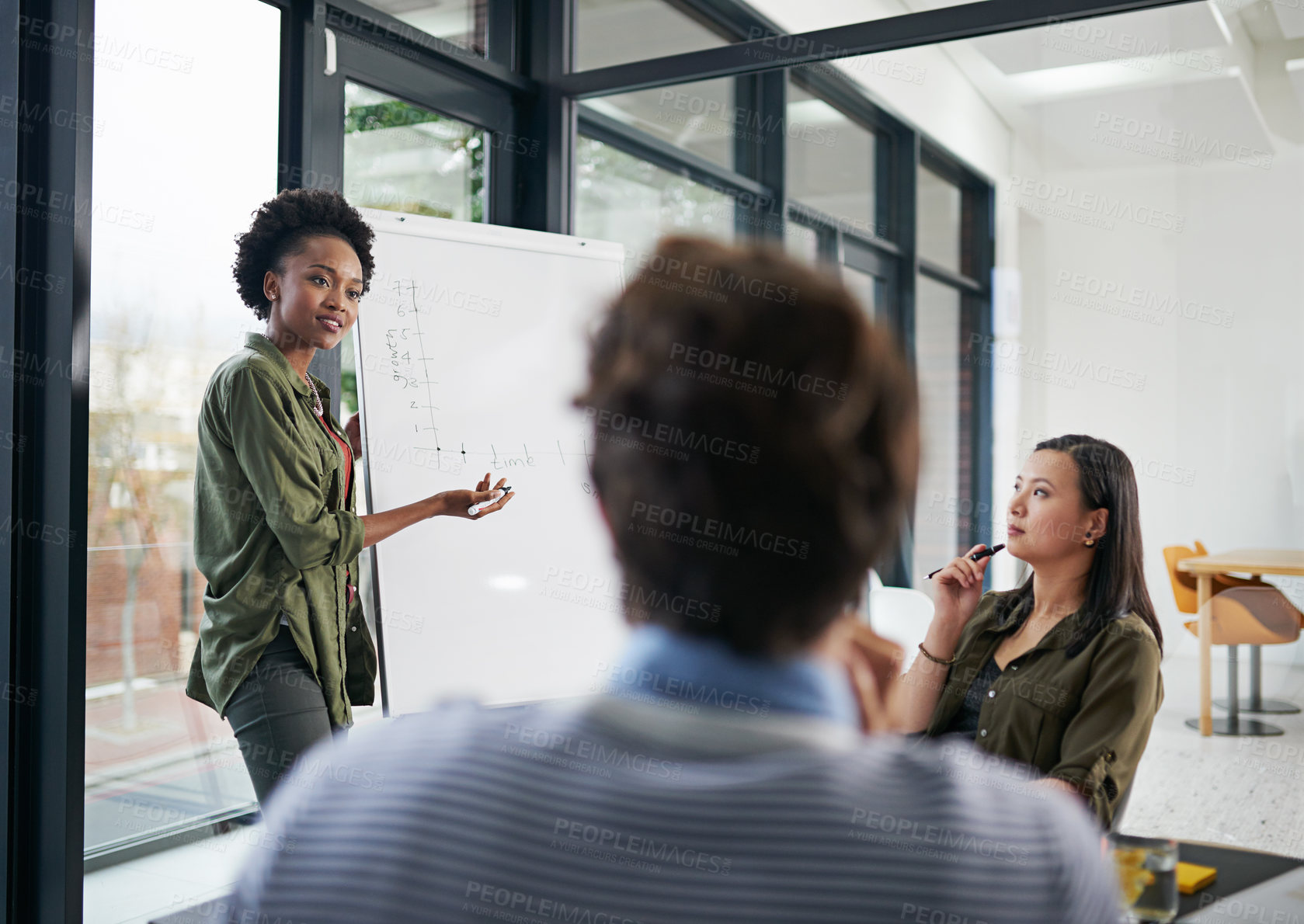Buy stock photo Black woman, coaching and presentation with whiteboard for meeting or training staff at office. African female person or employee talking to team in planning, collaboration or discussion at workplace