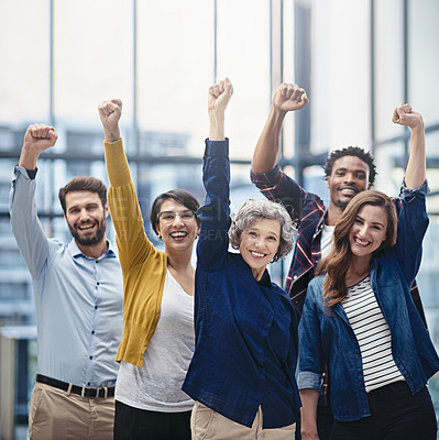 Buy stock photo Celebration, portrait and business team with fist in office for confidence, motivation and teamwork. Happy, success and group of multiracial corporate employees to celebrate achievement in workplace.