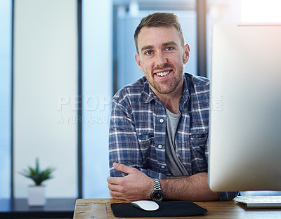Buy stock photo Smile, computer and portrait of creative businessman in office with opportunity, confidence and tech startup. Web design, pride and happy face of online developer with professional career at agency