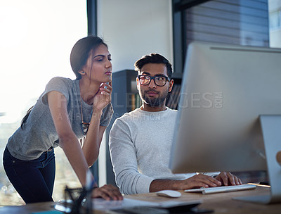 Buy stock photo Advice, thinking and business people with a computer for training, strategy and collaboration. Confused, ideas and employees working on an online project with a pc for planning and problem solving