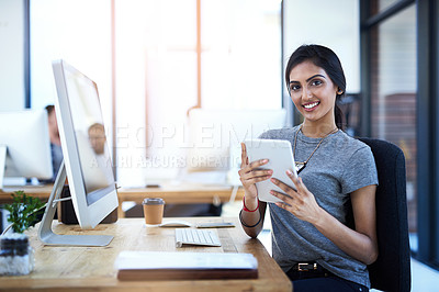 Buy stock photo Tablet, computer and portrait of woman at creative agency with opportunity, confidence or career at tech startup. Design, pride and happy face of online developer with professional research at office