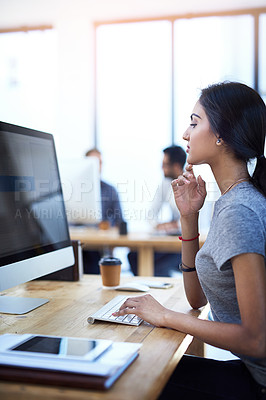 Buy stock photo Woman, computer and reading at startup, thinking and office with ideas, creativity and typing for article. Writer, journalist with click, keyboard and editing for story development at media agency