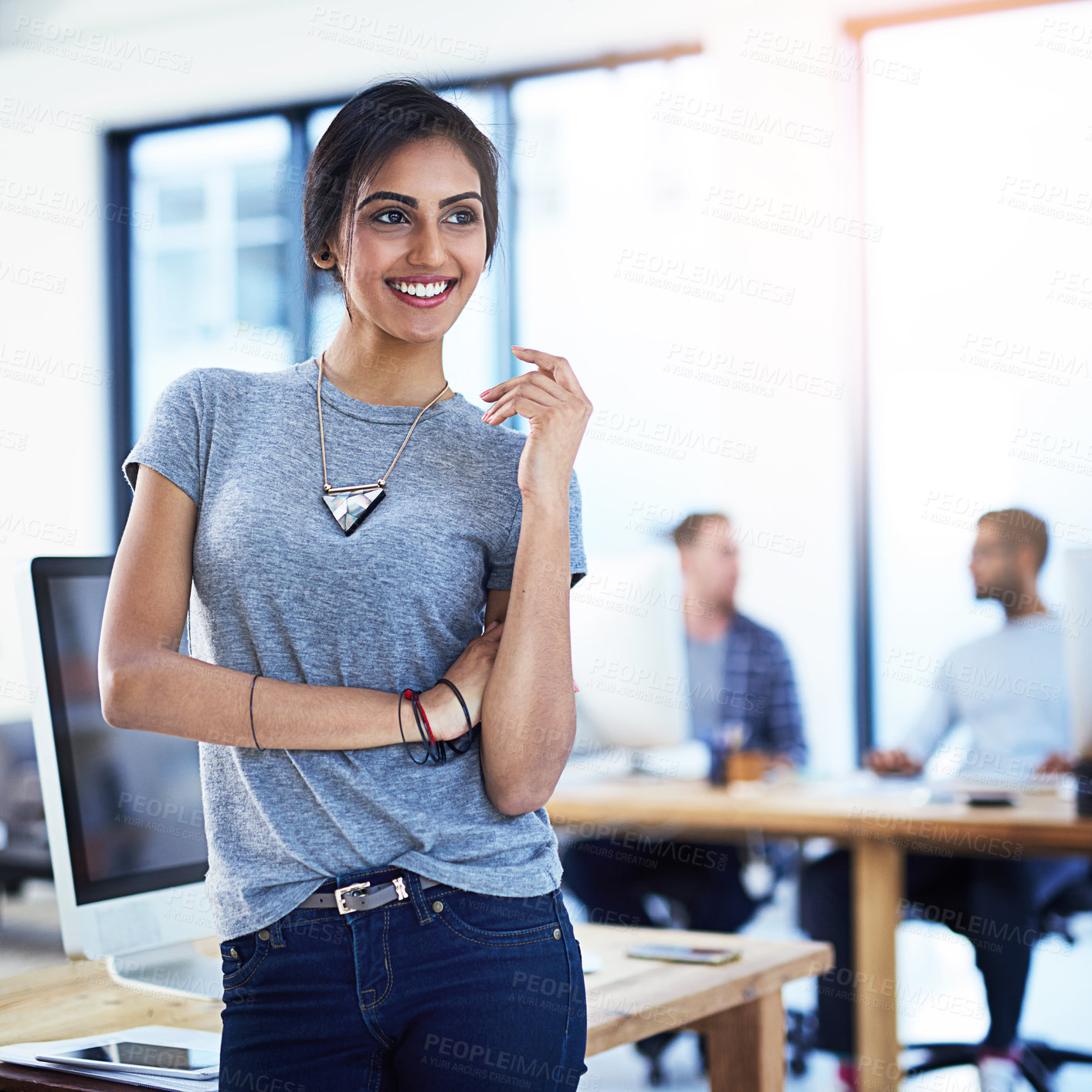 Buy stock photo Indian woman, thinking and happy professional in office with confidence for creative intern and copywriting career. Employee, person and thoughtful with smile for startup business, pride and ideas