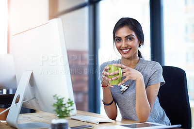 Buy stock photo Coffee, computer and portrait of creative Indian woman in office with confidence, relax and smile at startup. Design, pride and happy face of online developer with professional consultant on break.